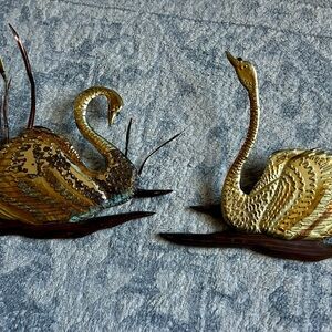Set of 2 Vintage Brass Swan Wall Art Pair in Gold Tone